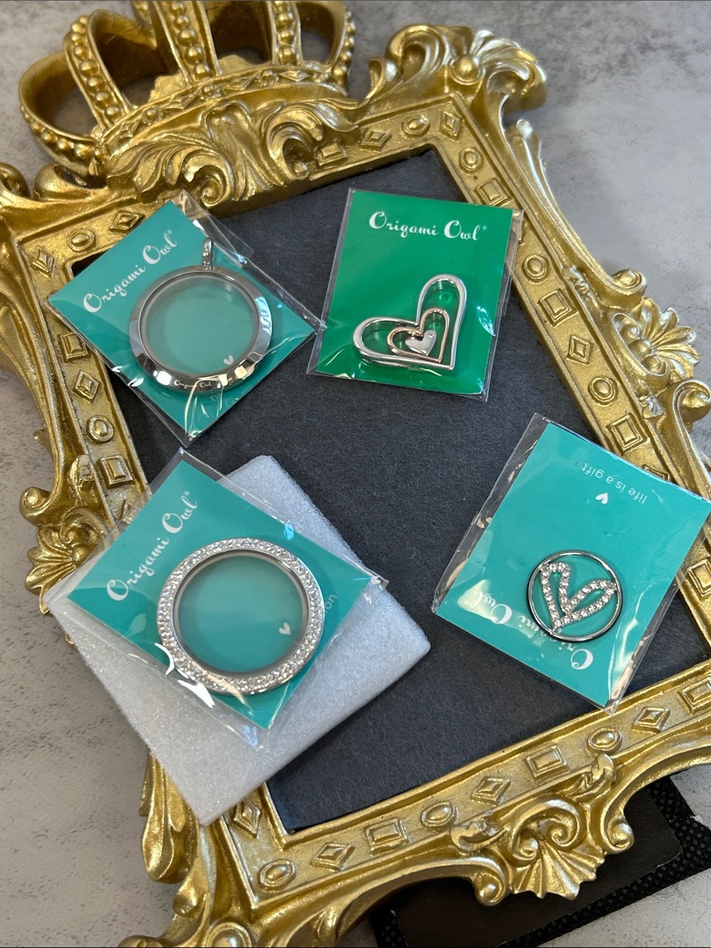 Bundle of Origami Owl Silver Locket Frame & Base & Heart Charms